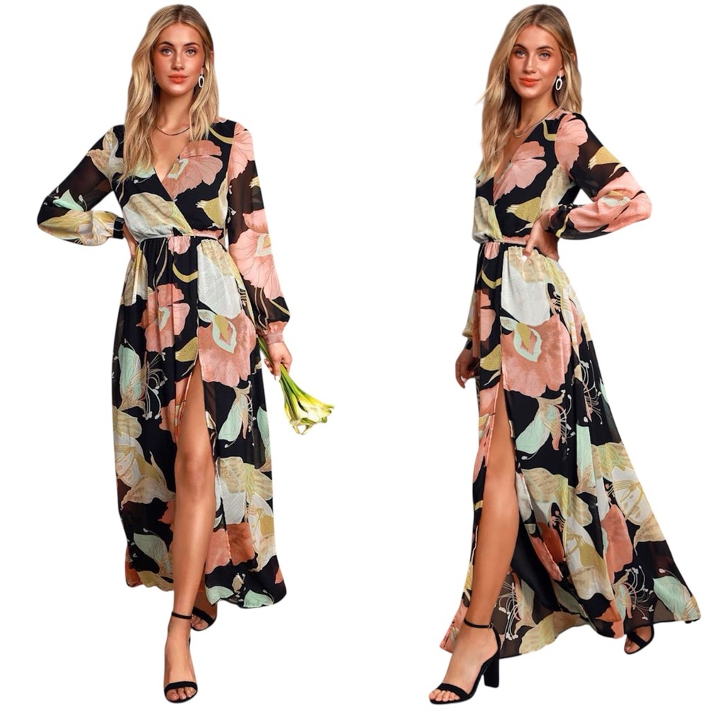 Lulus Wondrous Water Lilies Black Floral Print Maxi Dress Size M